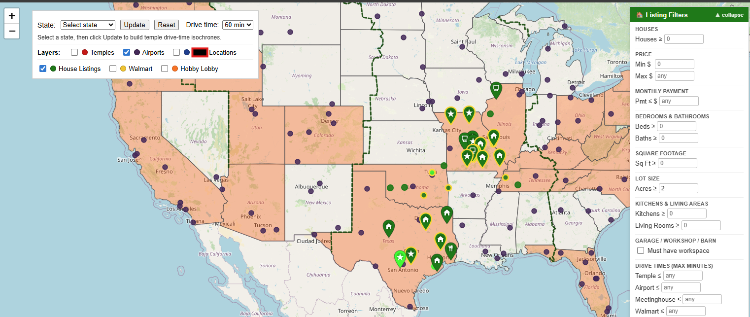 The Real Estate Websiteinator map - drive-time isochrones, temple locations, and house listings