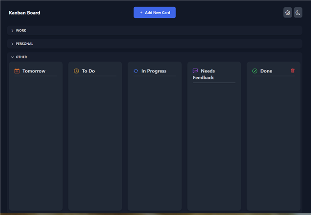 The Kanban-Boardinator — dark mode board showing WORK, PERSONAL, and OTHER categories